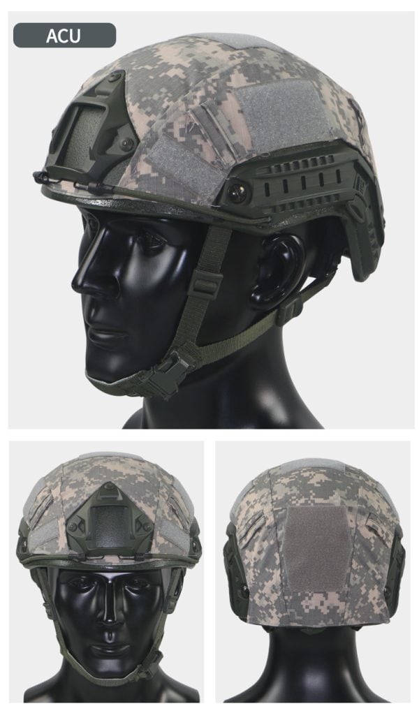Tactical mesh helmet cover in ACU camouflage for outdoor and training helmets.