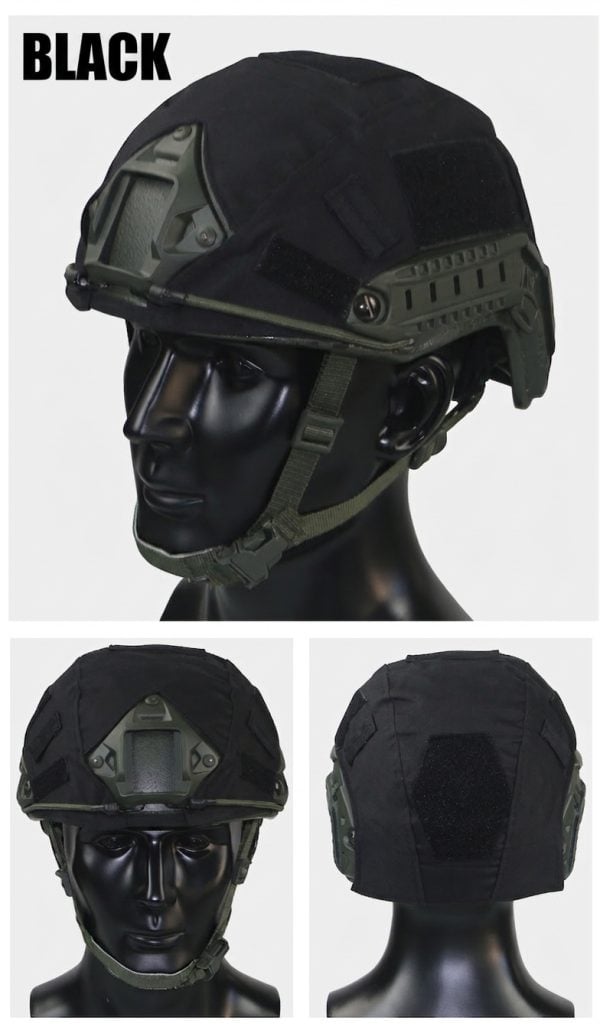 Tactical mesh helmet cover in black for outdoor and training helmets, fits HC02 model, durable and lightweight.
