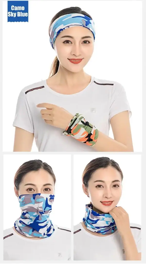 ម៉ាសកពាក់មុខ Magic Neck Gaiter Camo Sky Blue ស្រាល ខ្យល់ចេញចូលល្អ សម្រាប់ក្រៅផ្ទះ.