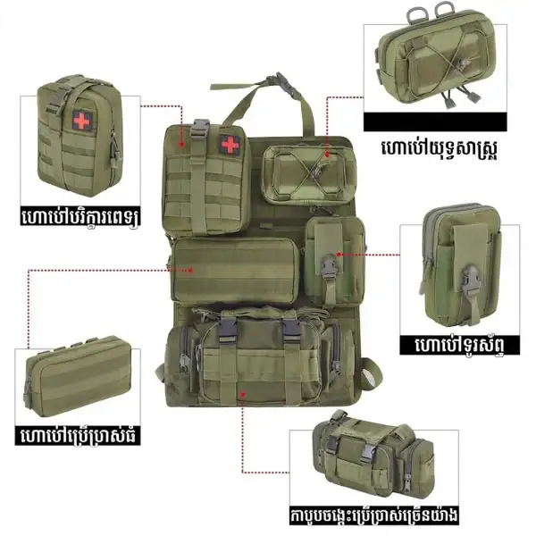 ឈុតរៀបចំកៅអីរថយន្ត Tactical MOLLE បន្ទះផ្ទុកឧបករណ៍ក្នុងរថយន្តប្រព័ន្ធ MOLLE ជាមួយកាបូបប្រើប្រាស់អាចដោះបាន.