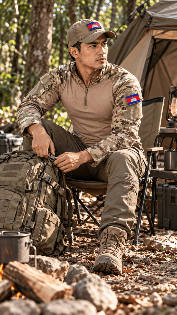 Tactical camouflage long sleeve combat shirt with quarter-zip, suitable for outdoor and tactical activities.