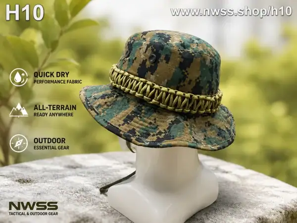 Camouflage boonie hat with paracord braid and wide brim for outdoor use.