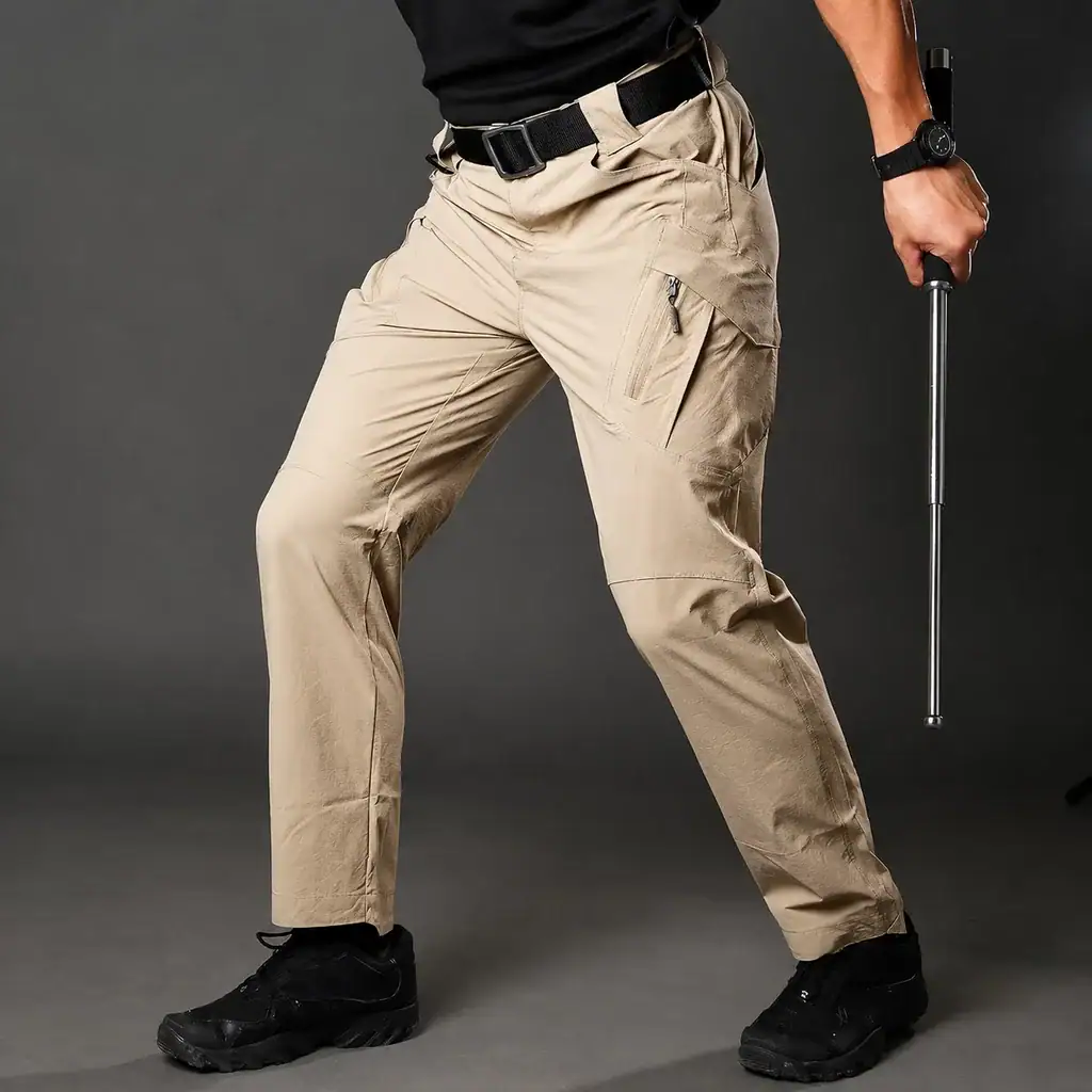 Khmer Tactical Stretch Cargo Pants in khaki color with multiple pockets and relaxed fit.