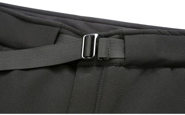 Unisex fleece-lined softshell tactical pants with built-in belt in black for outdoor and daily wear.