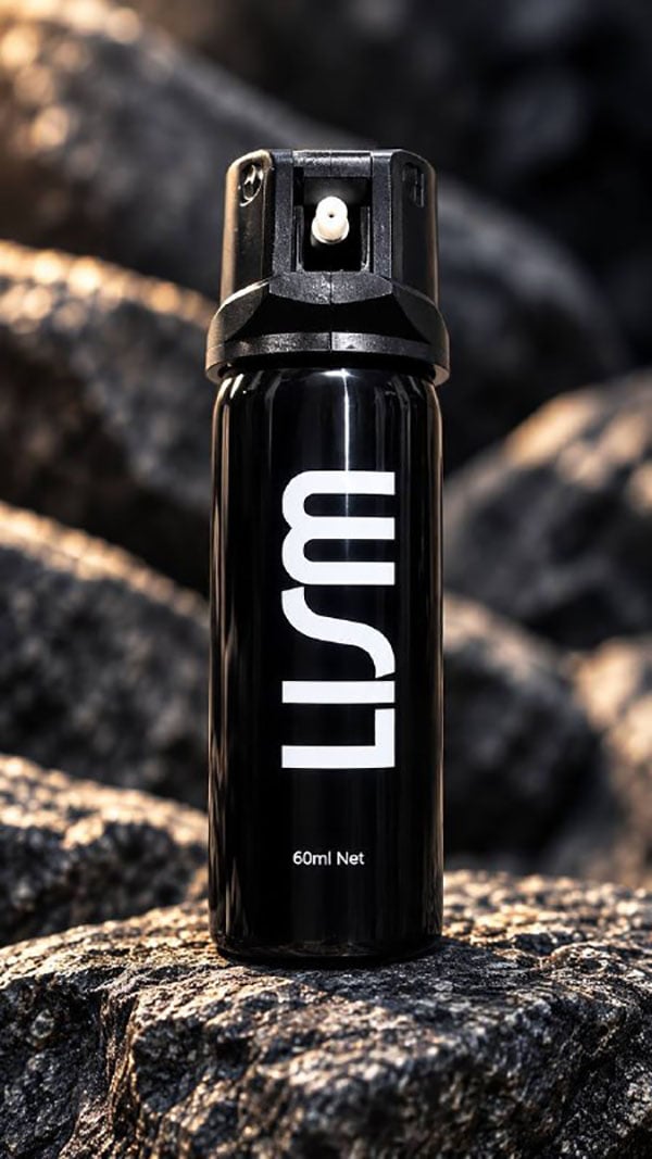 PS01 60ml Compact Personal Safety Spray black with white text for tactical use.