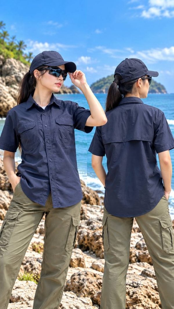 Tactical short-sleeved shirt in navy blue, breathable and summer suitable for outdoor activities.