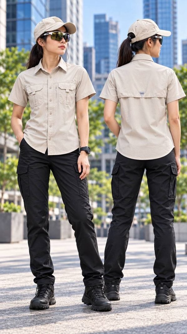 Women wearing beige summer outdoor casual workwear shirts with pockets and short sleeves in an urban setting.