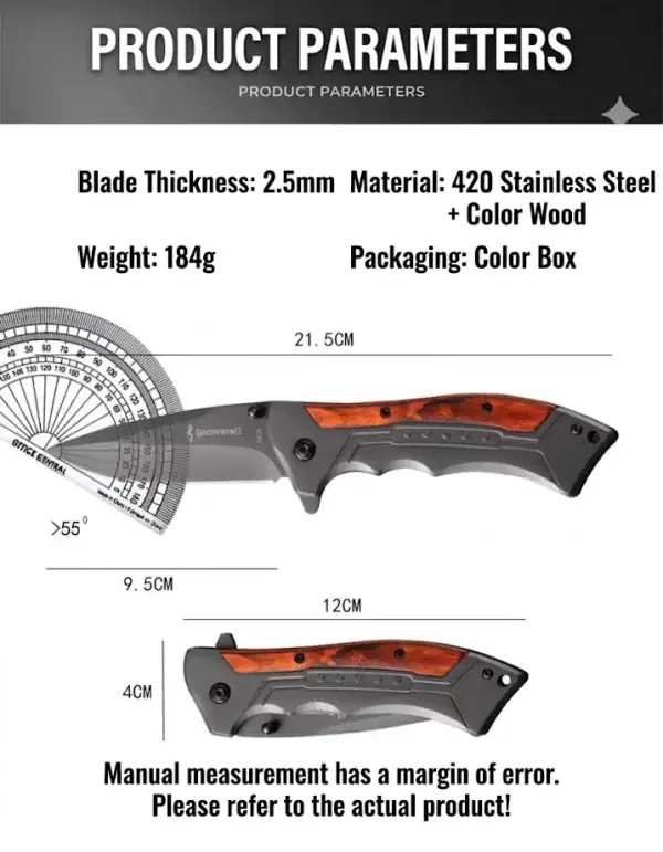 K01 Browning FA24 stainless steel folding knife with orange wood handle for tactical outdoor use.