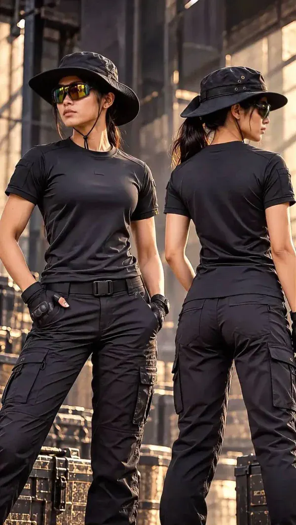 Black tactical short-sleeved TSS05 Archon shirt with elastic fabric for outdoor activities.