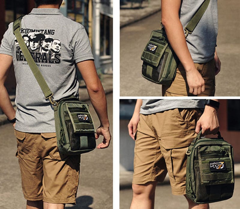 BG36 Tactical Cordura Shoulder Bag in military camouflage style on a person in outdoor setting.
