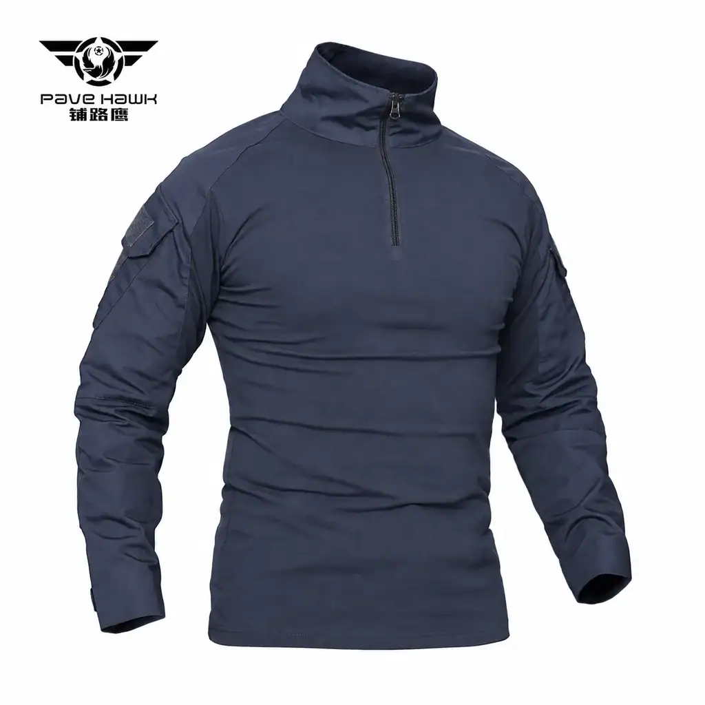 Tactical camouflage long sleeve combat shirt with quarter-zip training top for outdoor and tactical use.