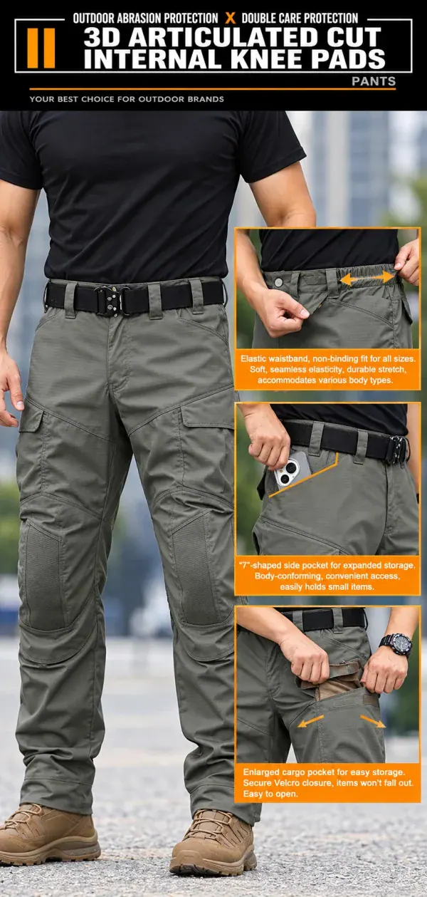 IX14 Tactical Cargo Pants in gray with water-repellent ripstop fabric and articulated knees.