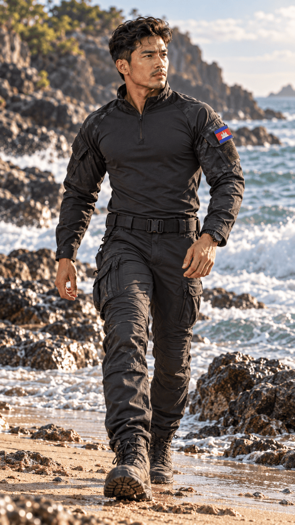 TSL02 Tactical Camouflage Long Sleeve Combat Shirt in black, quarter-zip style, suitable for outdoor tactical activities.