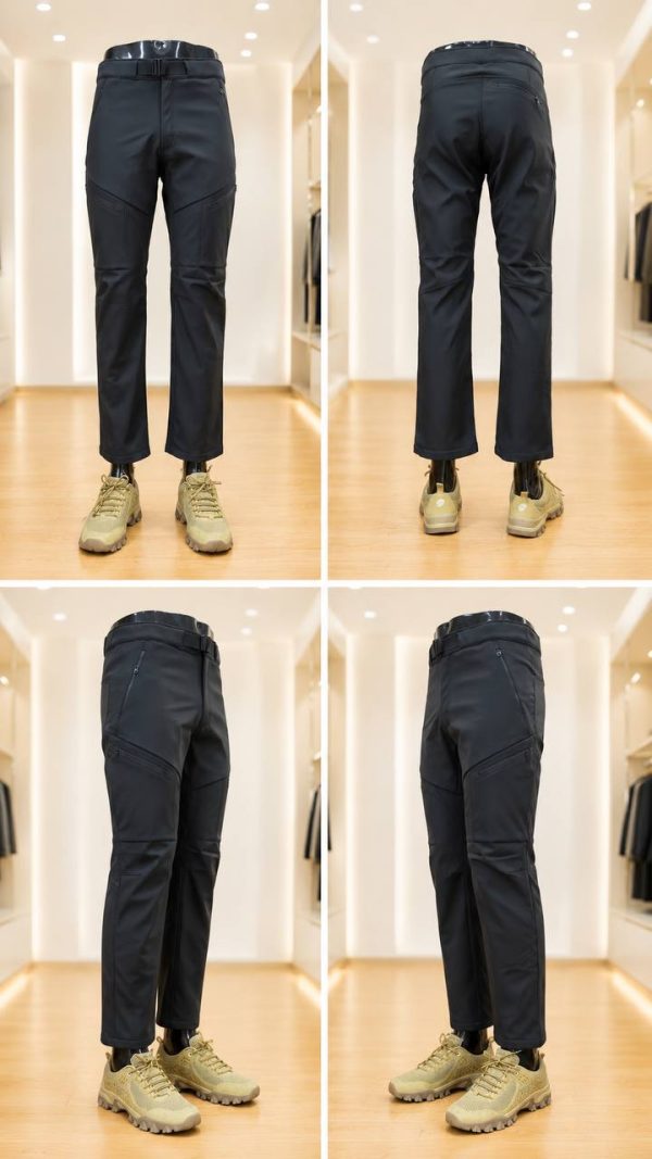 Unisex fleece-lined softshell tactical pants with built-in belt in black for outdoor and daily wear.