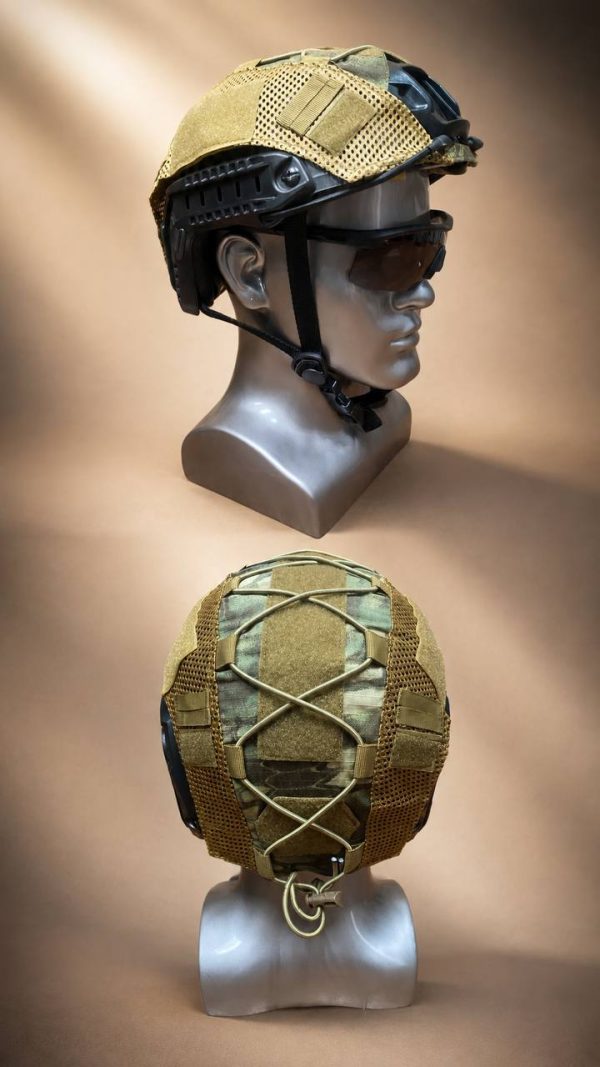 Tactical mesh helmet cover in tan for outdoor and training helmets, fits securely with adjustable straps.