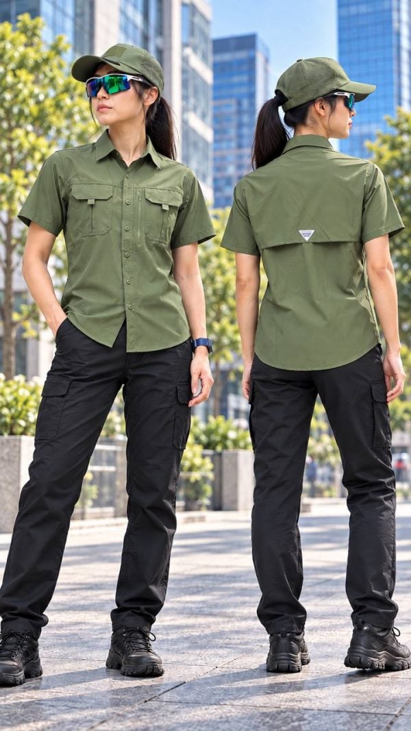 Summer outdoor casual multi-pocket workwear shirt in green, breathable and quick-drying for men.