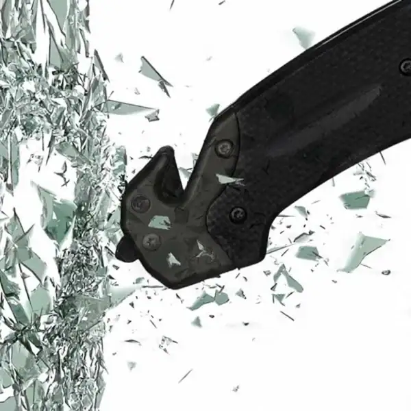 K17 VERGE All-Black tactical folding knife with glass breaker and rope cutter, 21.5cm EDC survival tool.