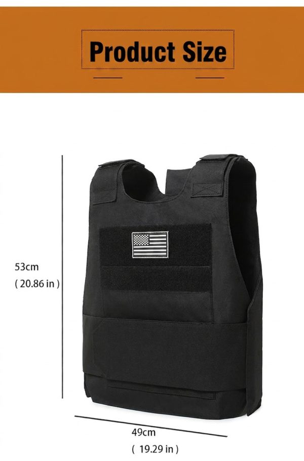 Tactical training vest in black with American flag patch for outdoor use, durable and quick release design.