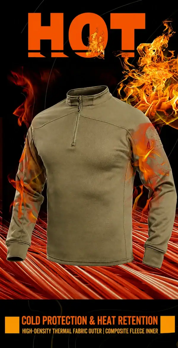 Men's camouflage tactical fleece-lined long-sleeve training top for outdoor activities.