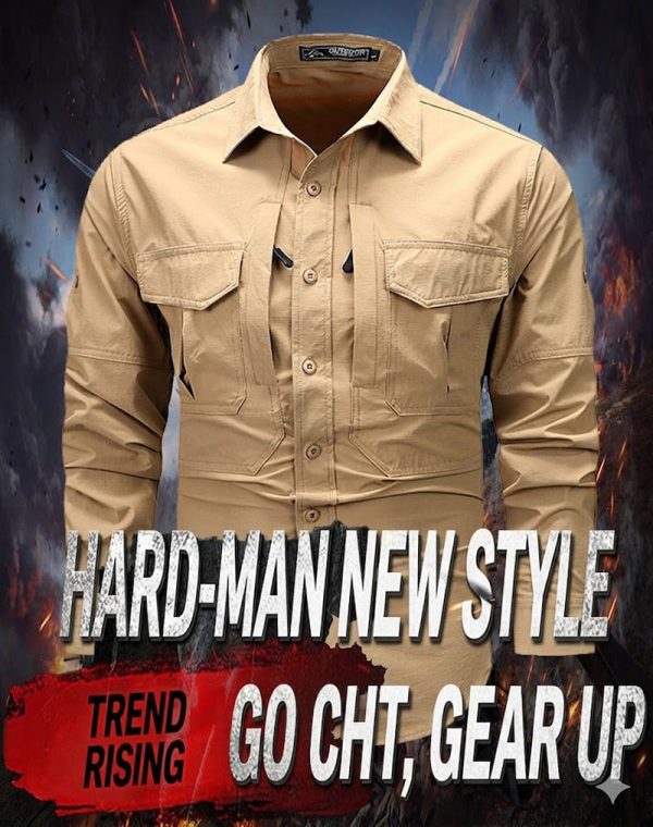 Men’s tactical quick-dry shirt in beige, green, gray, and black with multiple pockets and long sleeves.