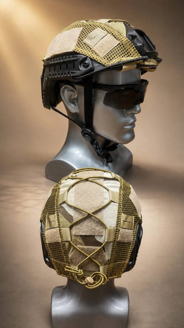 Tactical mesh helmet cover for outdoor and training helmets in beige color, designed for tactical use.