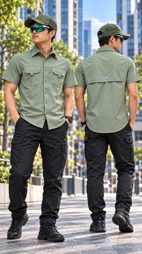 Men wearing green tactical outdoor short-sleeved workwear shirt with multiple pockets in an urban setting.