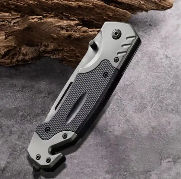 K04 Titanium-Plated 3cr13 Stainless Steel Tactical Folding Knife, khaki color, outdoor survival and EDC rescue tool.