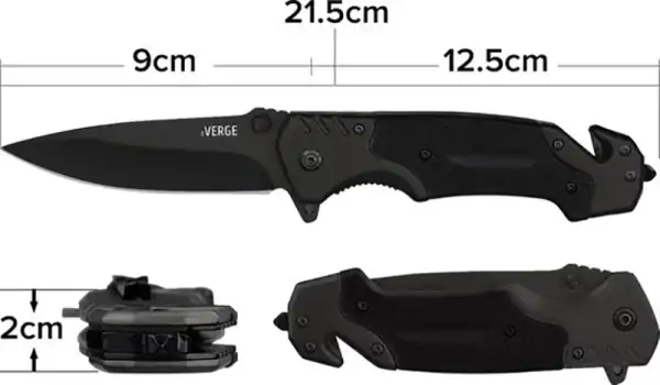 K17 VERGE All-Black tactical folding knife with glass breaker and rope cutter, 21.5cm EDC survival tool.