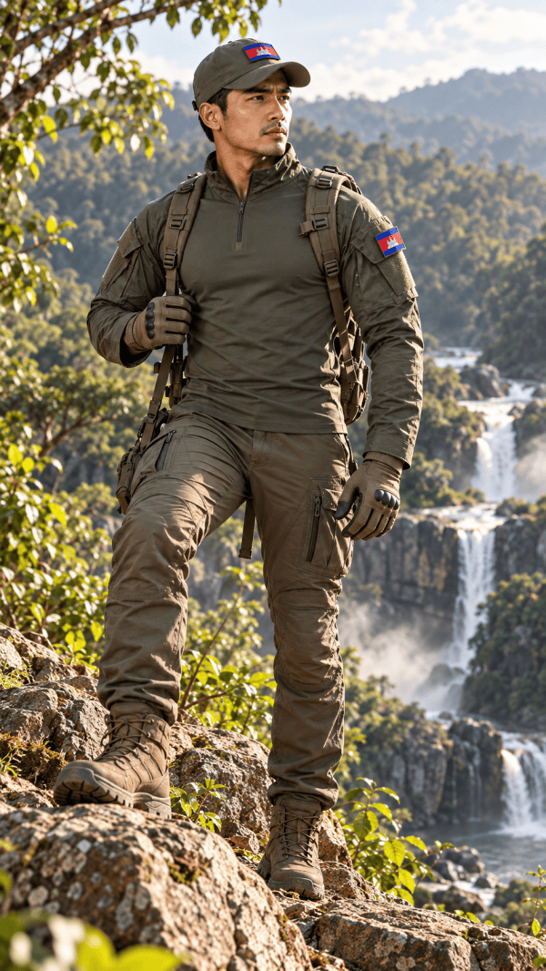 Tactical camouflage long sleeve combat shirt with quarter-zip for outdoor training and tactical use.