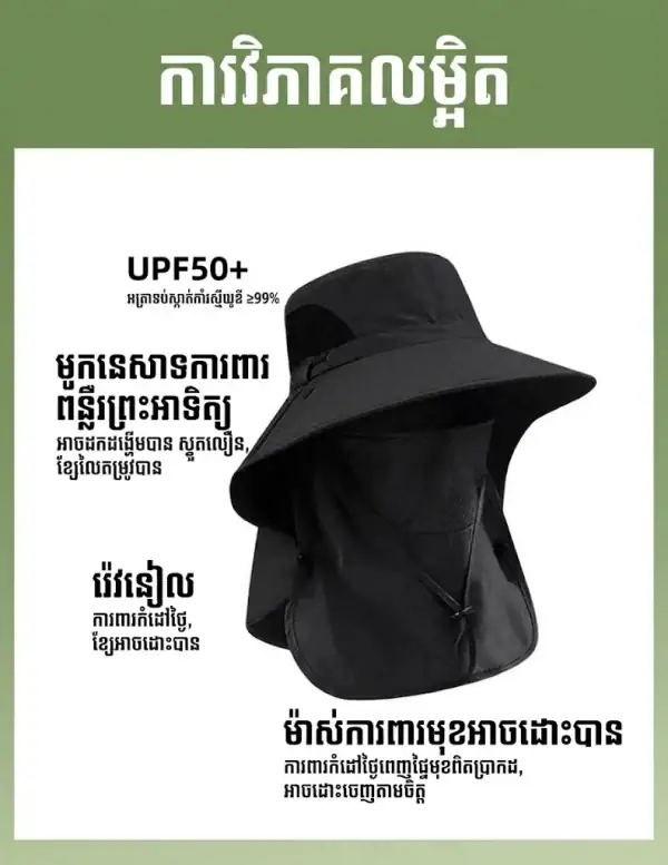 មួកការពារកម្តៅថ្ងៃប៉ាក់ធំ ពណ៌ខ្មៅ សម្រាប់ការពារកម្តៅថ្ងៃនៅ Phnom Penh Cambodia.