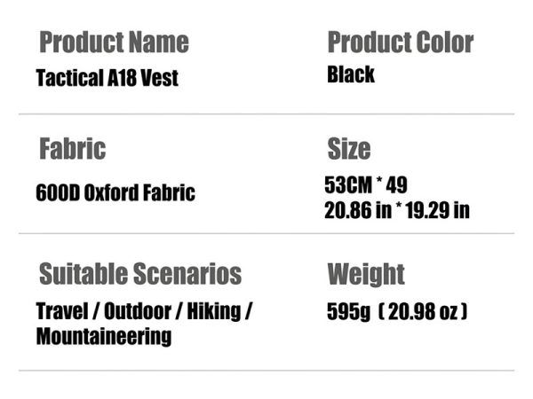 Tactical A18 Vest in black for outdoor, hiking, and mountaineering activities.