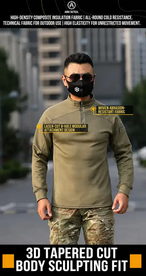 Men's camouflage tactical fleece-lined long-sleeve training top for outdoor activities and cool weather.
