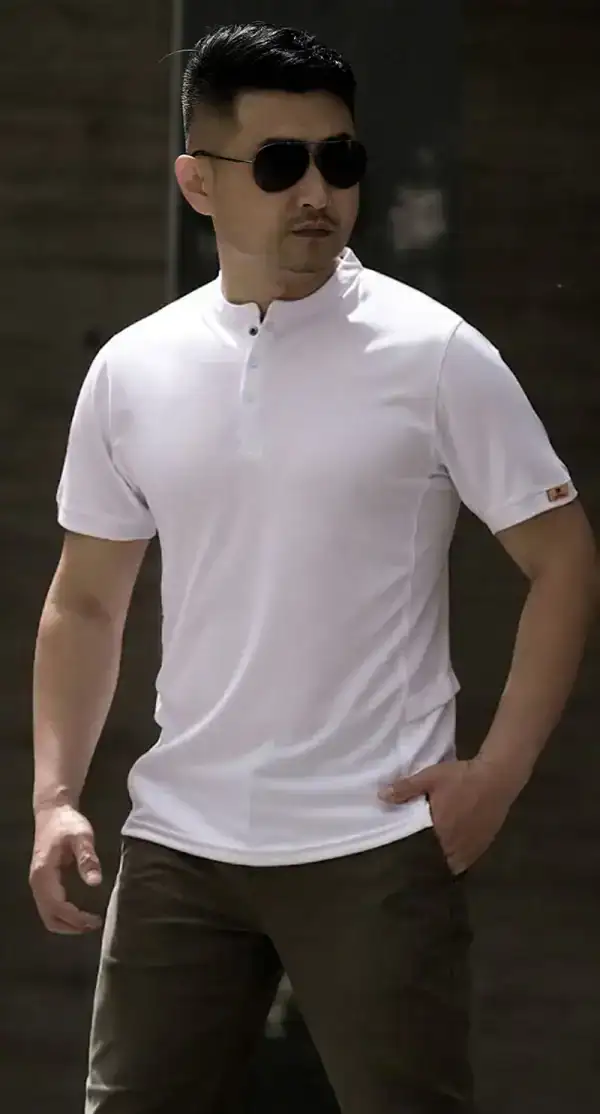 អាវយឺត Henley Outdoor ដៃខ្លី ស្រាល សម្រាប់ហាត់ប្រាណ និងពាក់ប្រចាំថ្ងៃ.