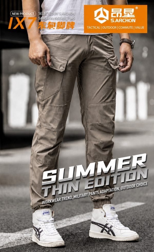Lightweight tactical cargo pants in summer style for outdoor activities.