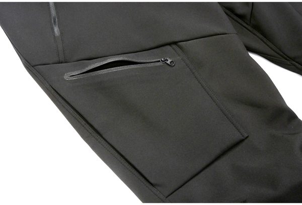 Unisex fleece-lined softshell tactical pants with built-in belt for outdoor and daily wear in black.