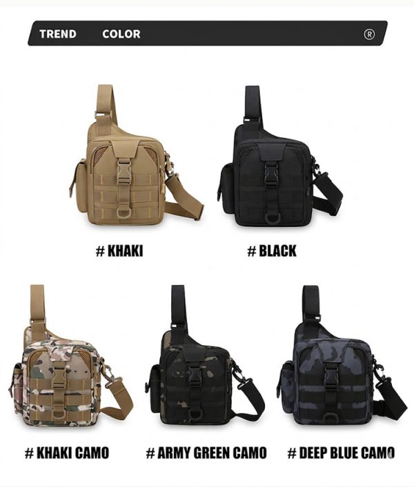 កាបូបស្ពាយ Sling Camouflage សម្រាប់ក្រៅផ្ទះ និងសម្រាកលំហែ មានពណ៌ខាគី និងខ្មៅ.