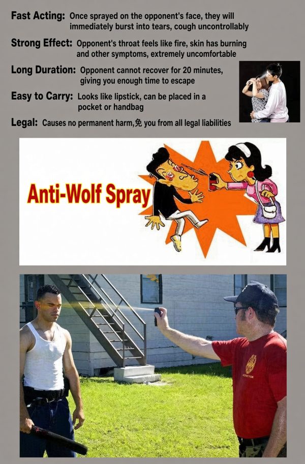 PS01 60ml compact personal safety spray in black with anti-wolf spray label, designed for self-defense and outdoor safety.