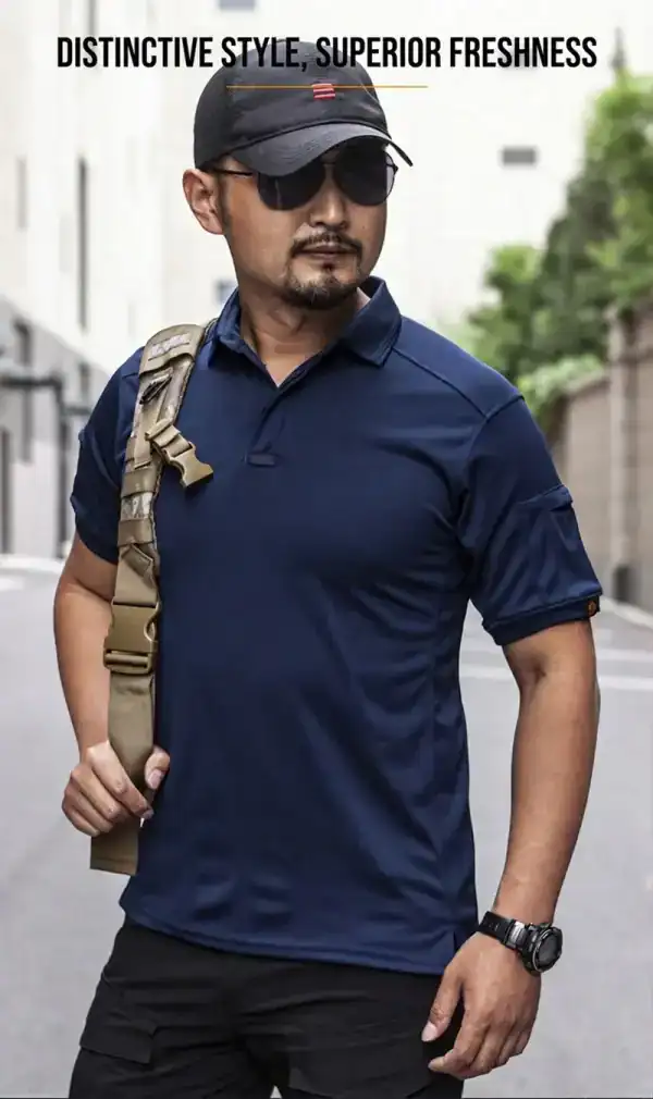 Men's quick-drying navy tactical summer outdoor polo shirt with lapel and short sleeves.