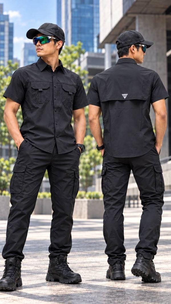 Men wearing black tactical short-sleeved shirts with multiple pockets in an outdoor urban setting.