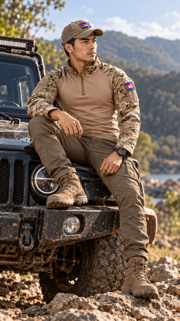 Tactical camouflage long sleeve combat shirt with quarter-zip for outdoor training and tactical use.
