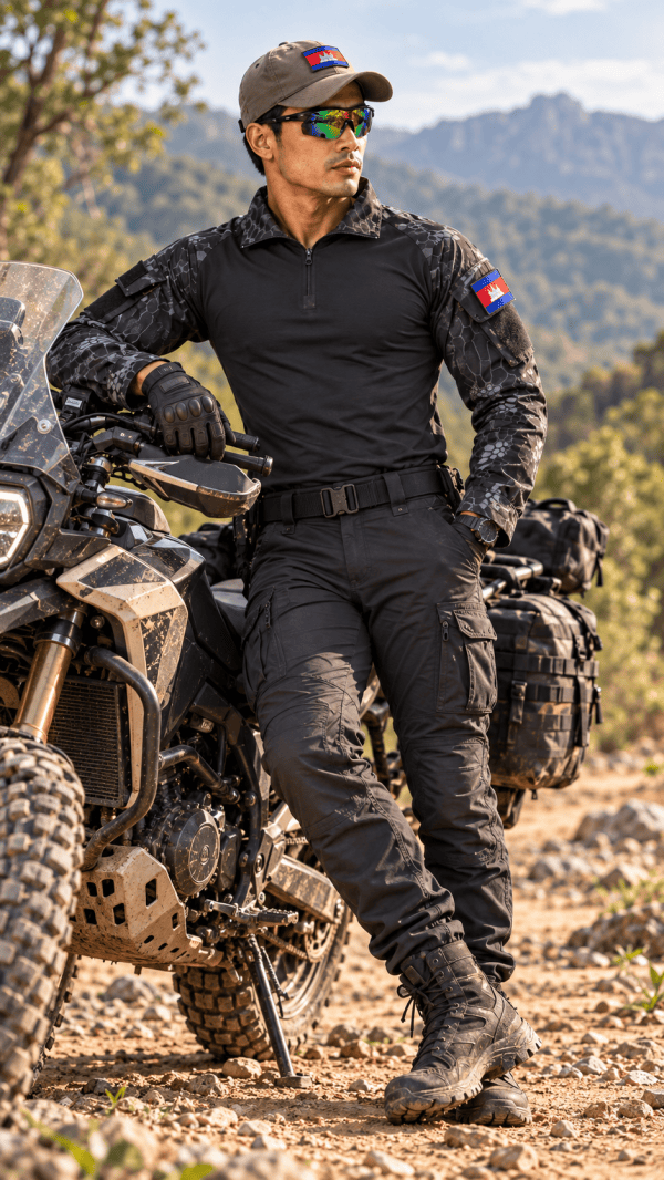 Tactical camouflage long sleeve combat shirt with quarter-zip, designed for outdoor and tactical use.
