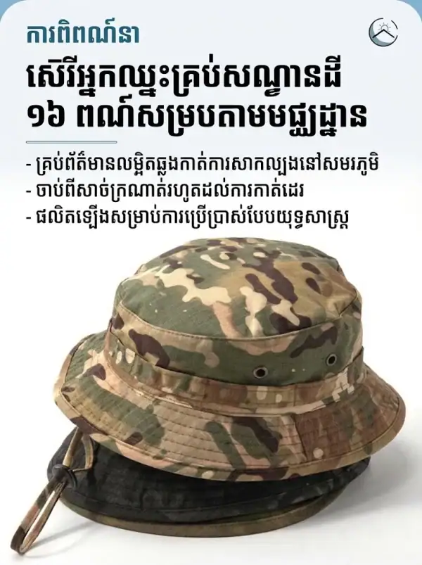 មួកបាក់កែត Tactical Camouflage ខ្លី ជាមួយខ្សែចងចង្កាអាចលៃតម្រូវបាន, មួកសម្រាប់ការផ្ទាល់ខ្លួននិងការផ្តល់សុវត្ថិភាព។.