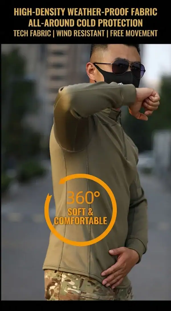 Men's camouflage tactical fleece-lined long-sleeve training top for outdoor activities.