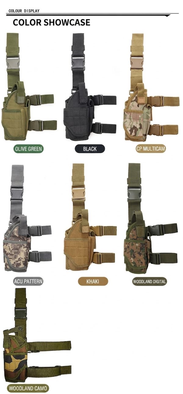កាបូប Tactical ពាក់ភ្លៅសម្រាប់យកតាមខ្លួនពេលក្រៅផ្ទះ មានពណ៌ខ្មៅ, khaki, multicolor, និង camo។.