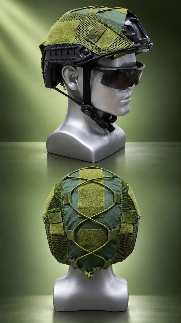Tactical mesh helmet cover for outdoor and training helmets in green, designed for military and tactical use.