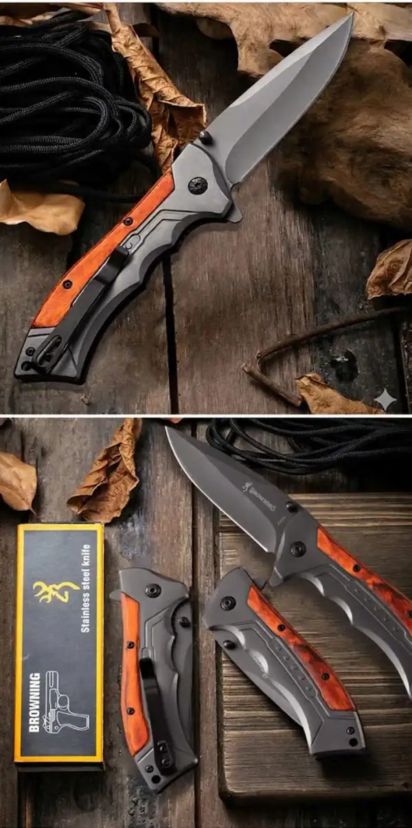 K01 Browning FA24 stainless steel folding knife with orange and black handle for outdoor survival.