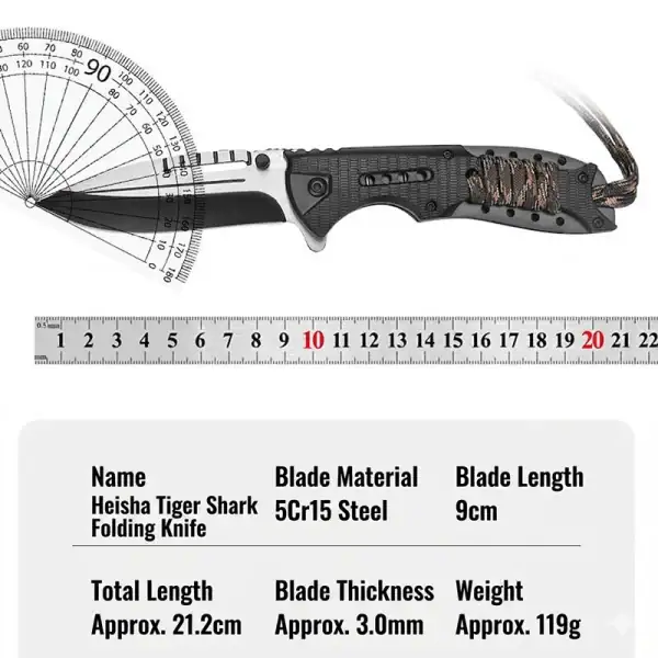K57 Premium SEAL tactical folding knife with 5CR13 steel and paracord handle, 9cm blade, black finish.