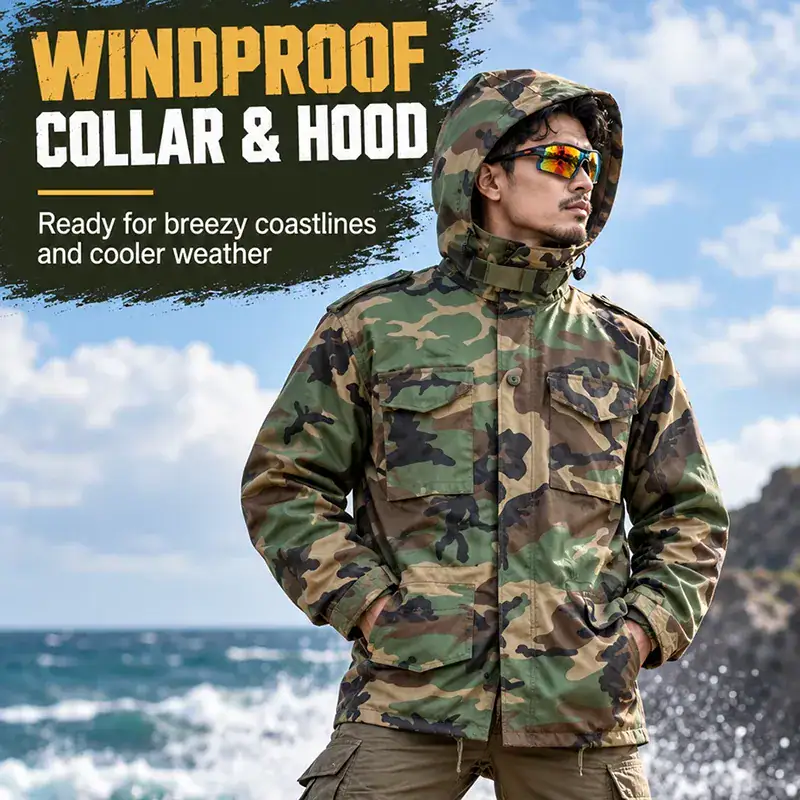 Men's camouflage tactical jacket with windproof design for outdoor activities.