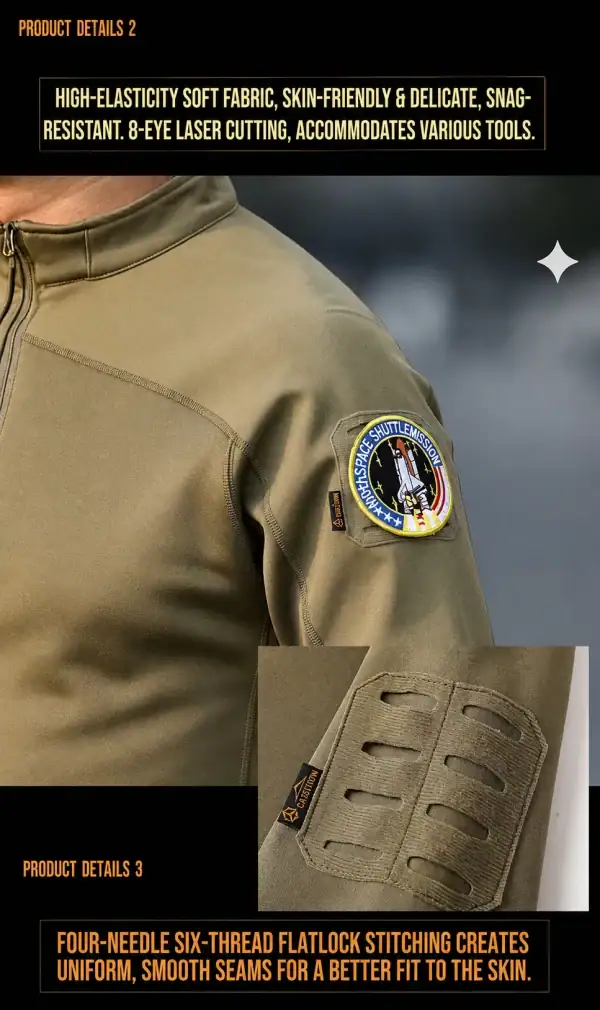 Men's camouflage tactical fleece-lined long-sleeve training top for outdoor activities.