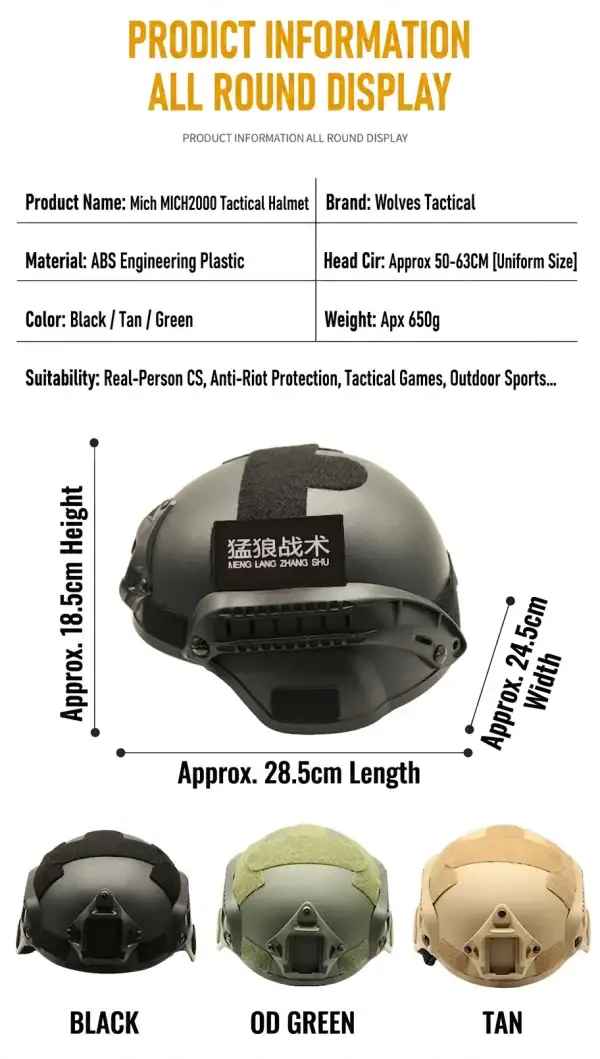 HT01 tactical rail helmet in black, green, or tan for outdoor sports and tactical use.